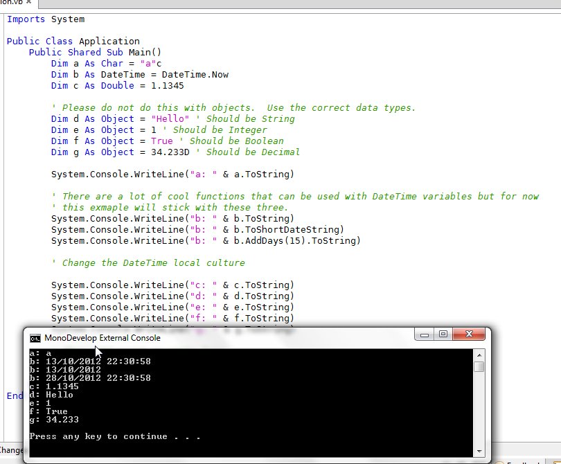 Screenshot of lesson running from monodevelop