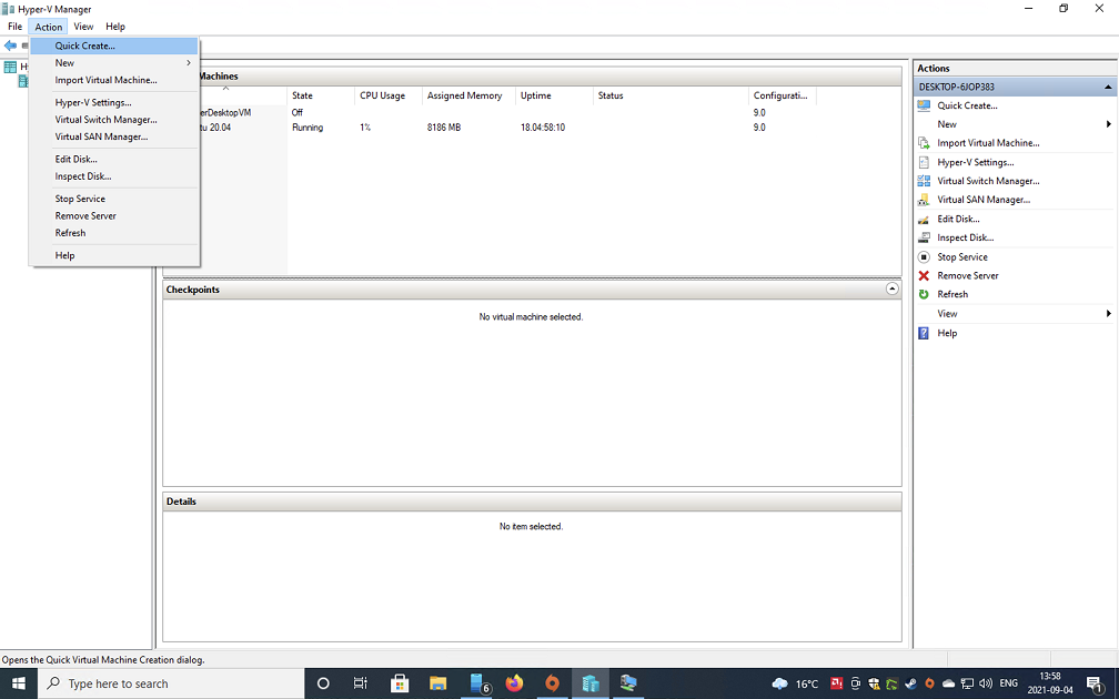 hyper v quick create menu option
